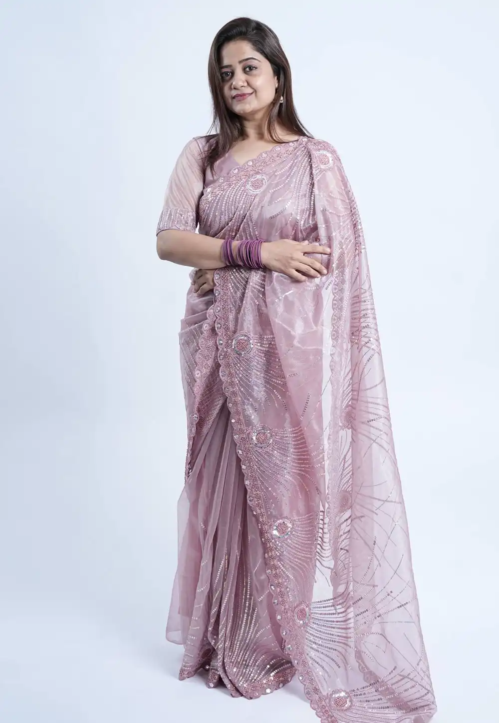 Mauve Net Saree With Blouse 330193