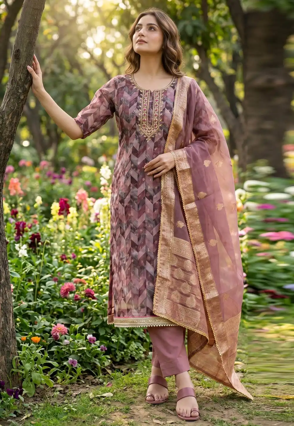 Mauve Organza Straight Suit 329276