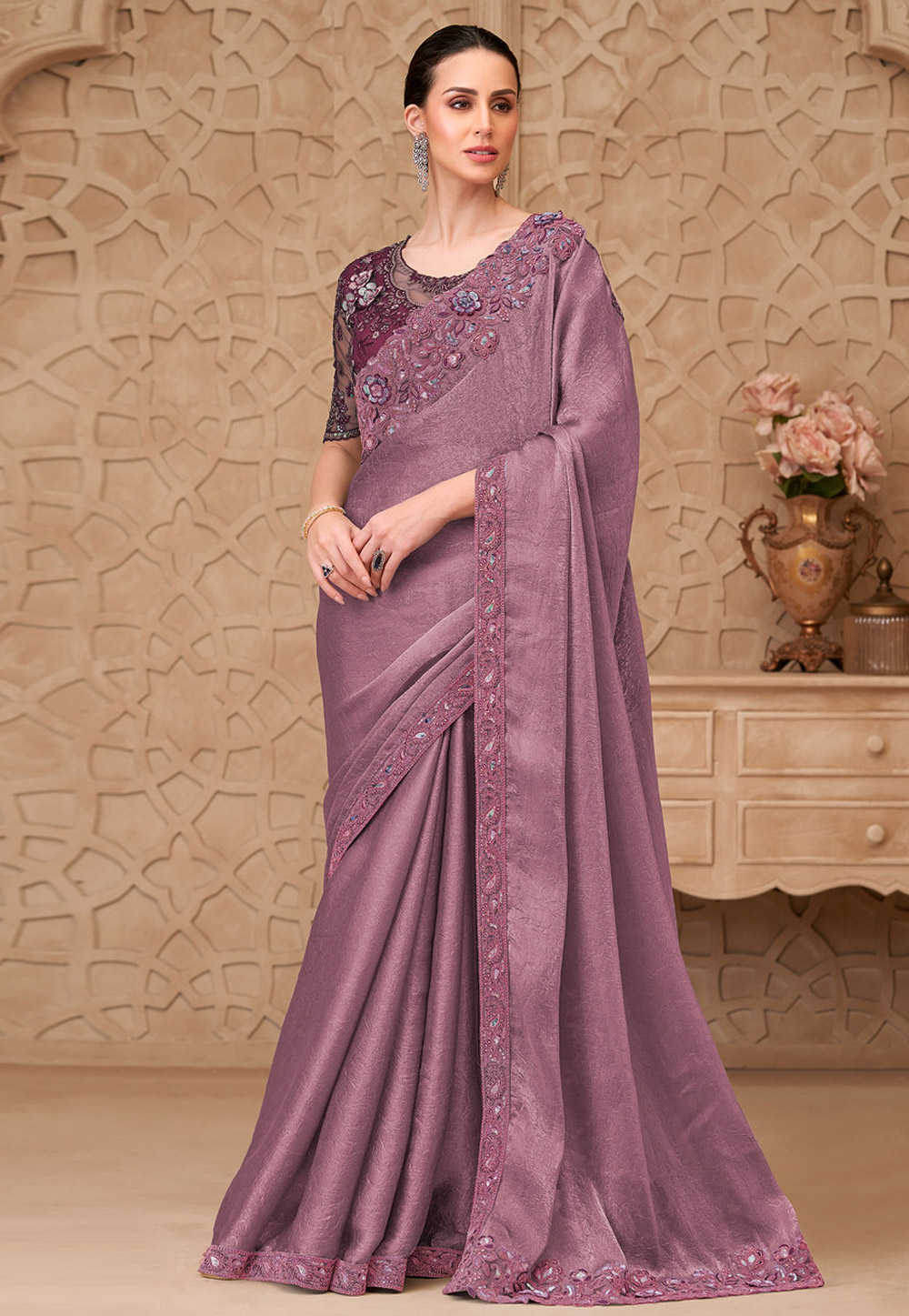 Mauve Satin Georgette Saree With Blouse 325701