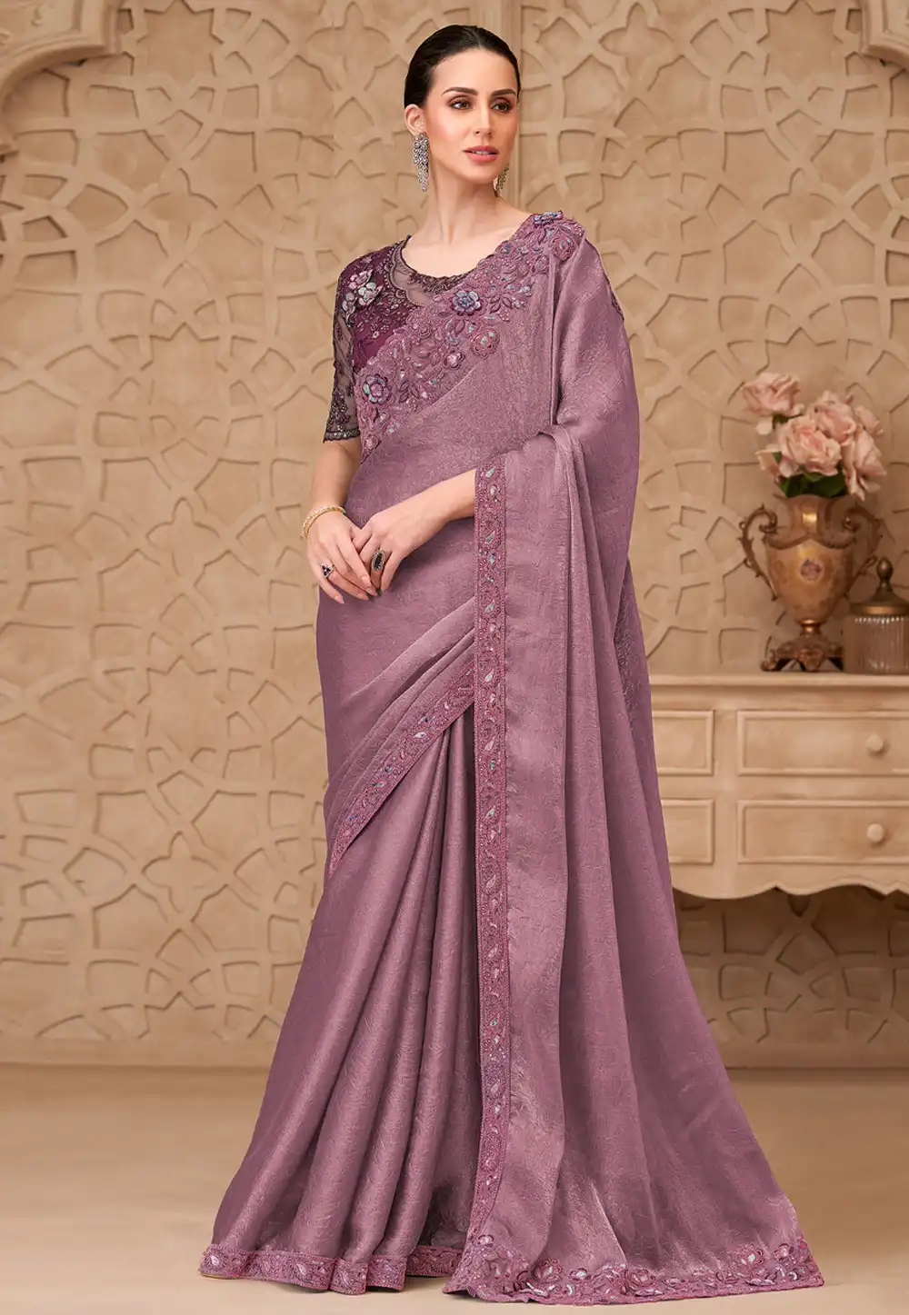 Mauve Satin Georgette Saree With Blouse 325701