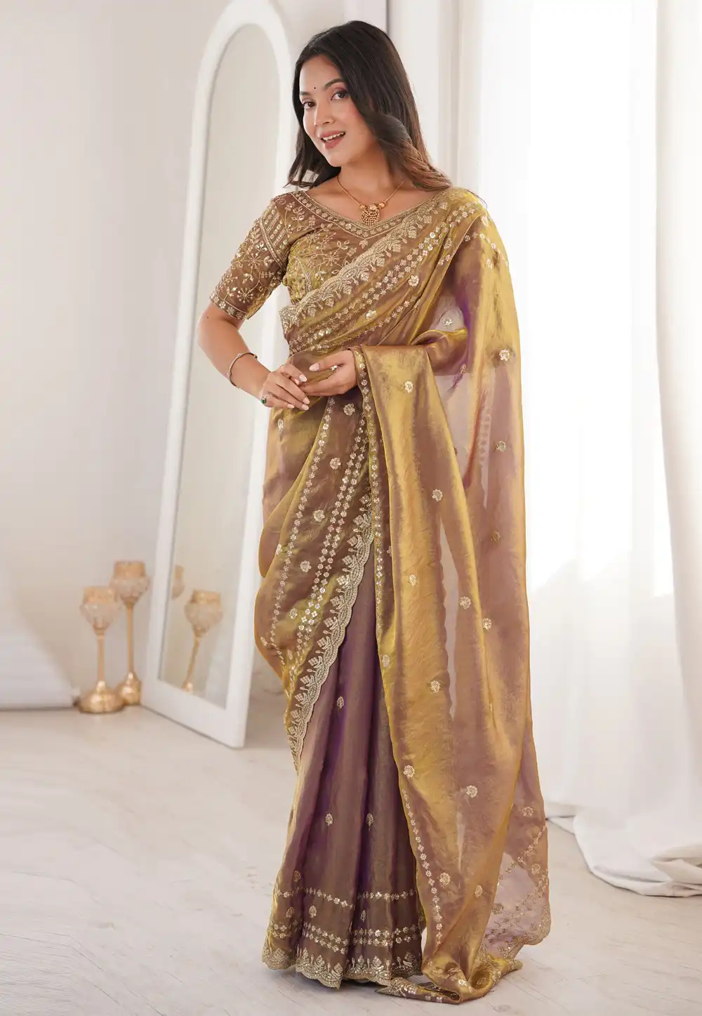 Mauve Satin Saree With Blouse 329550
