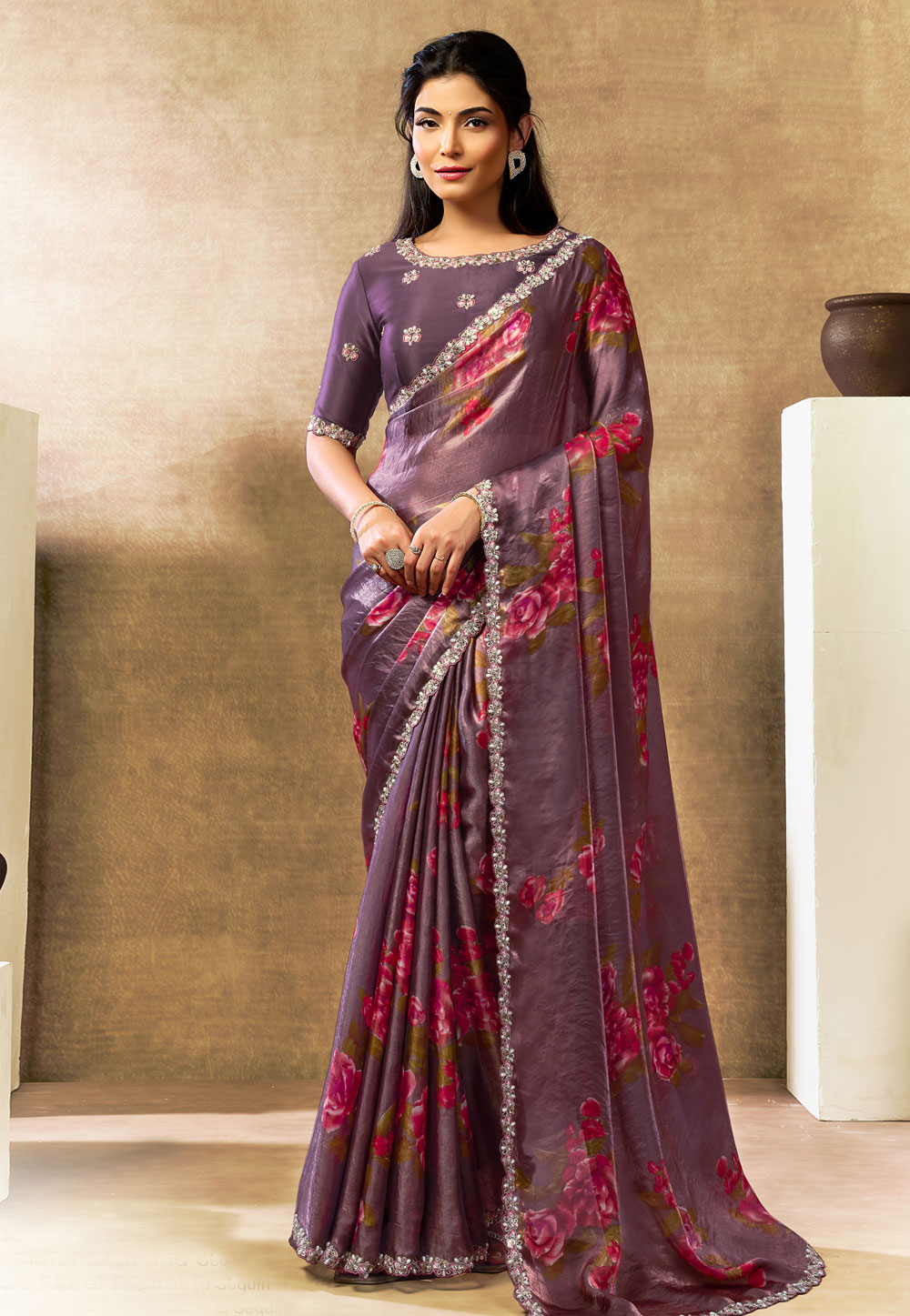 Mauve Satin Silk Saree With Blouse 328490
