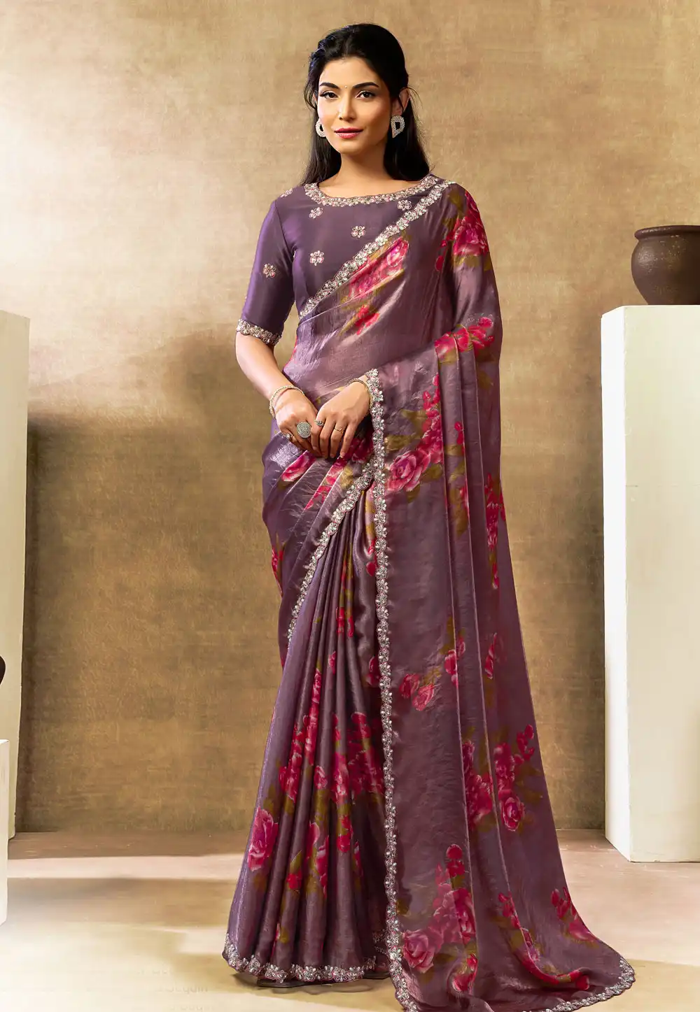 Mauve Satin Silk Saree With Blouse 328490