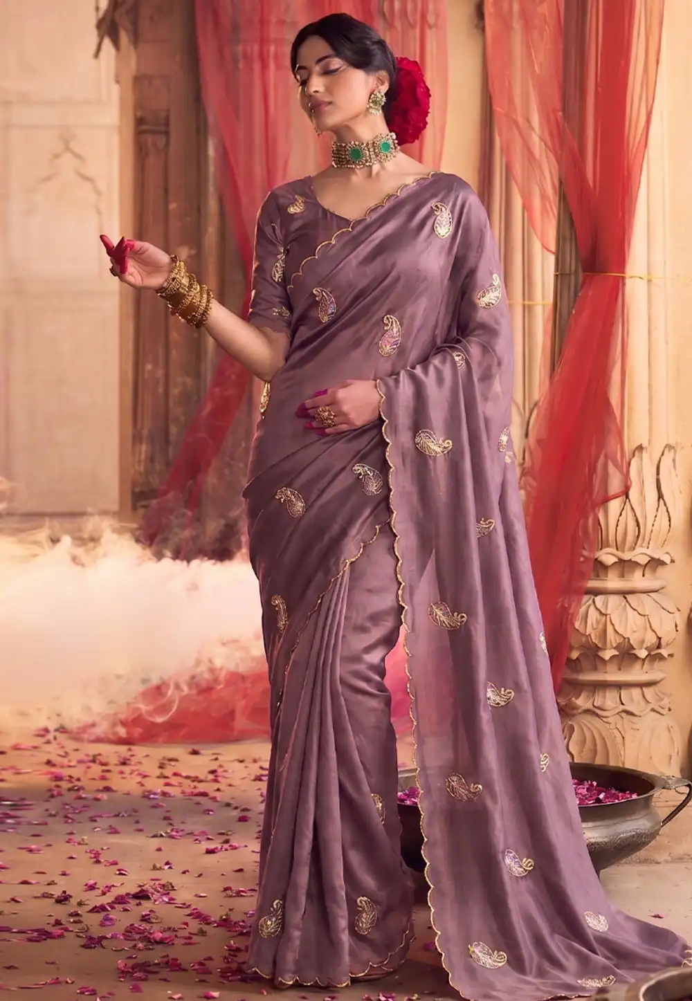 Mauve Satin Silk Saree With Blouse 330032