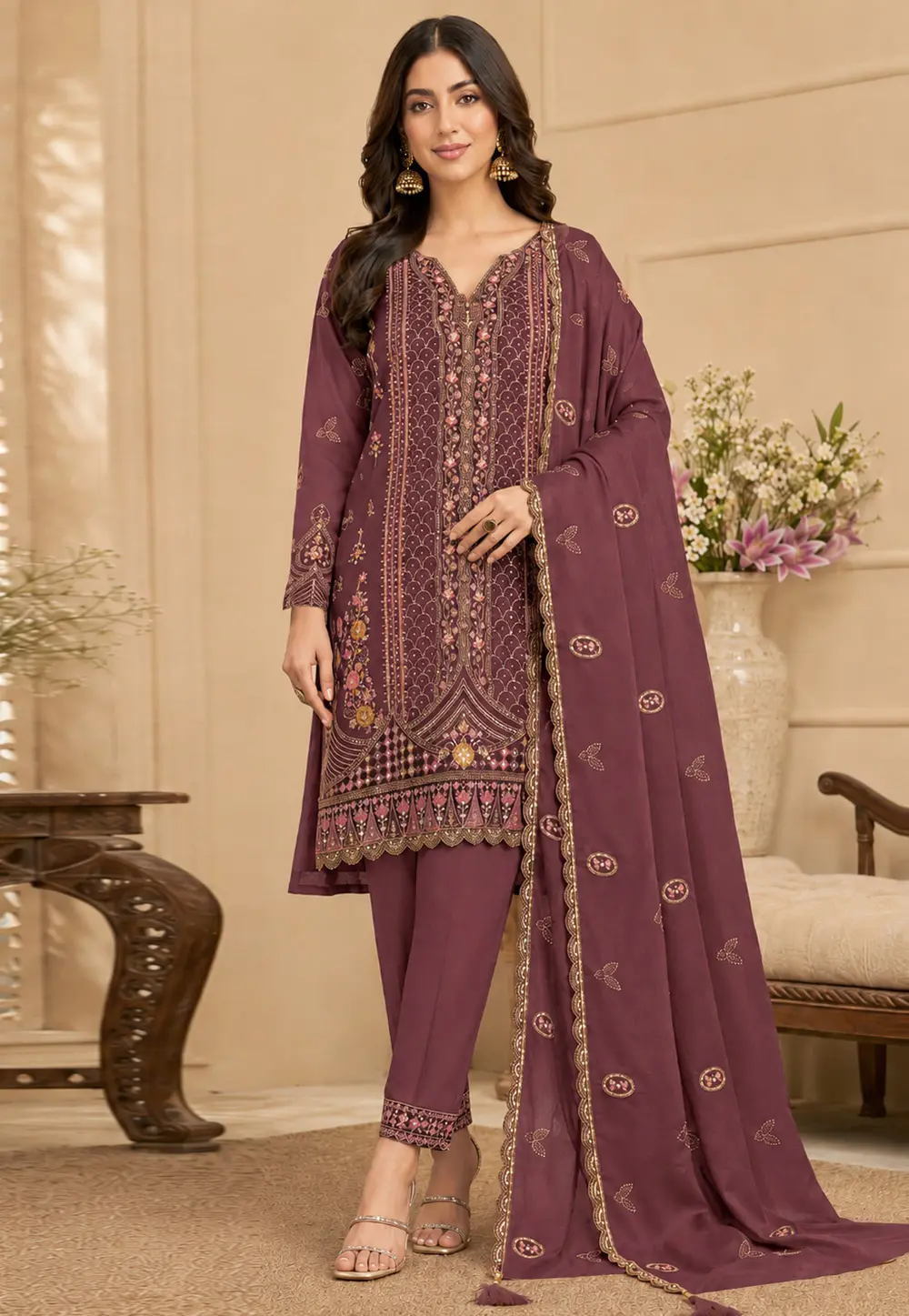 Mauve Silk Embroidered Pakistani Suit 331787