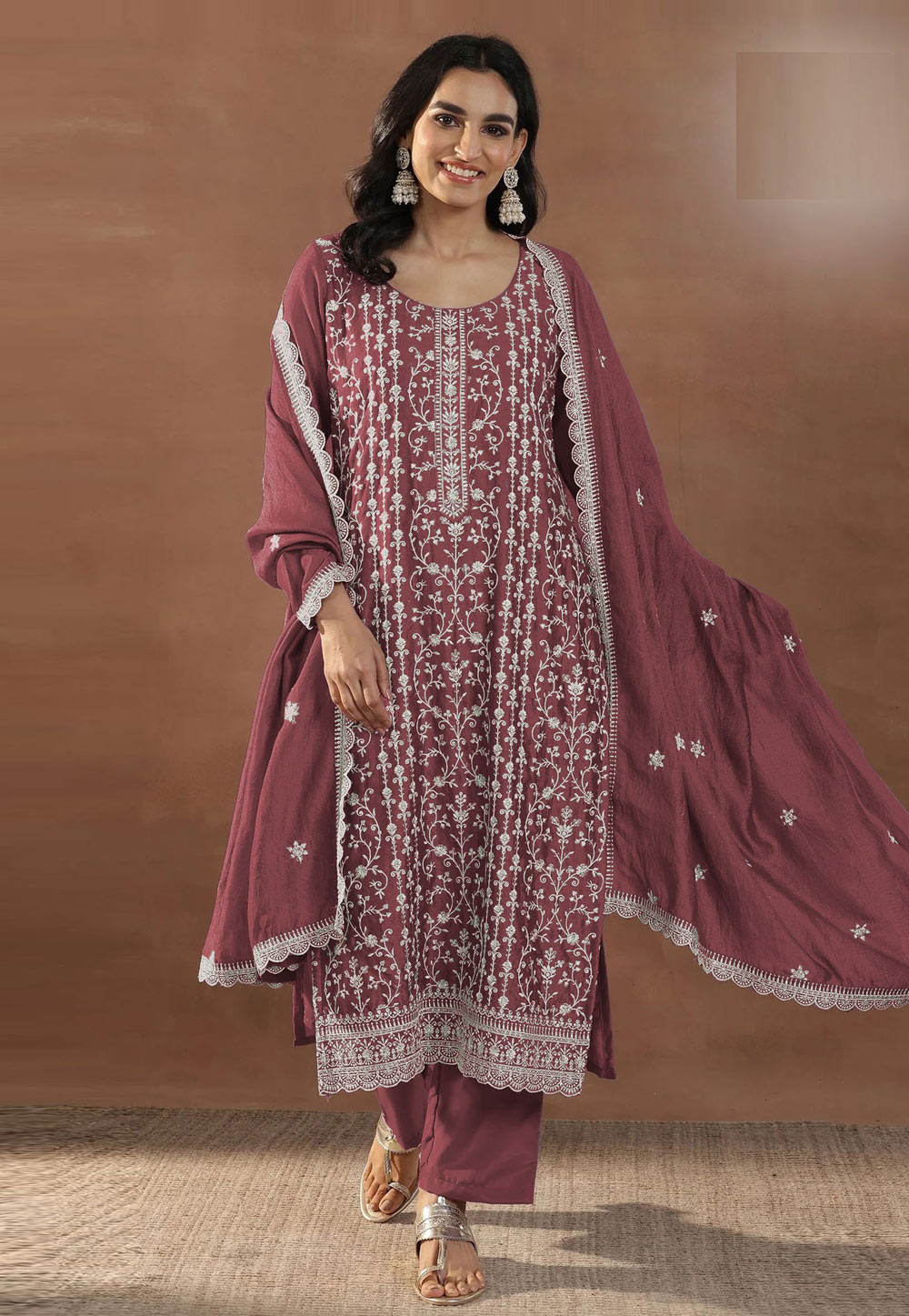 Mauve Silk Embroidered Pant Style Suit 328136