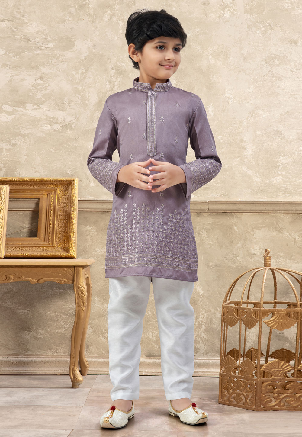 Mauve Silk Kids Kurta Pajama 328728