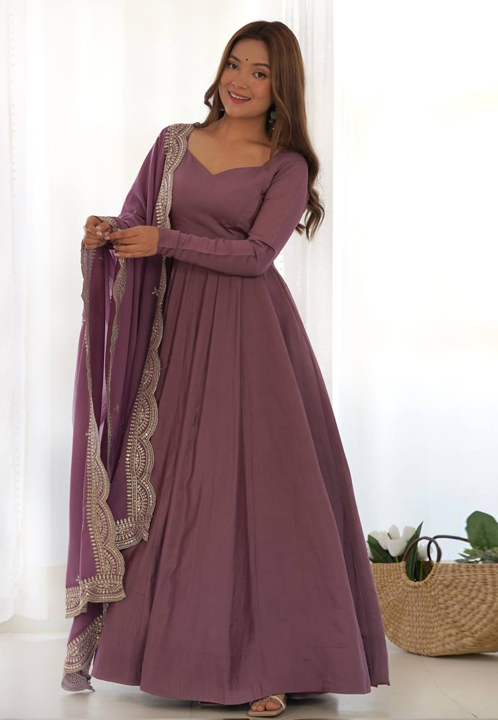 Mauve Silk Readymade Anarkali Suit 323768