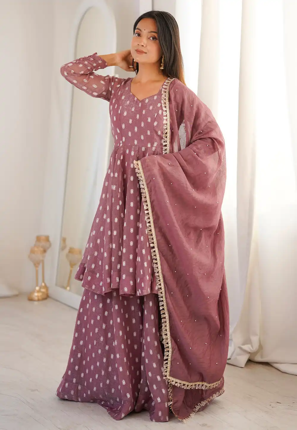 Mauve Silk Readymade Palazzo Suit 327513