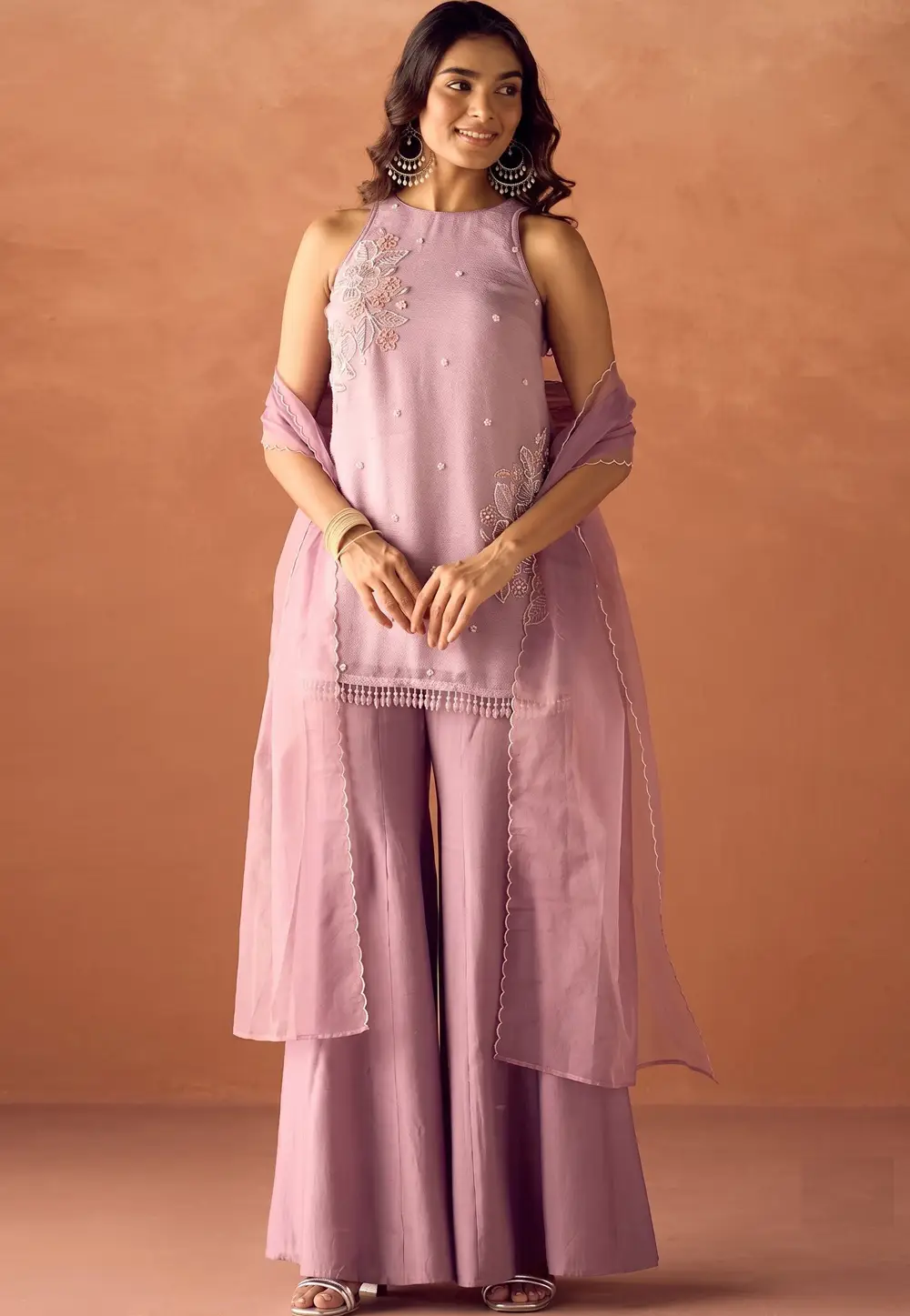 Mauve Silk Readymade Palazzo Suit 333462