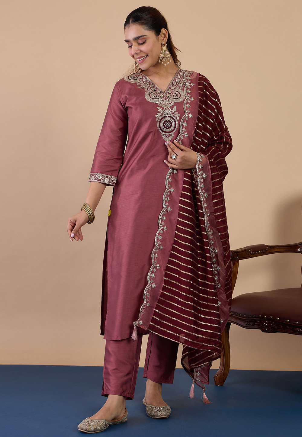 Mauve Silk Readymade Pant Style Suit 328601
