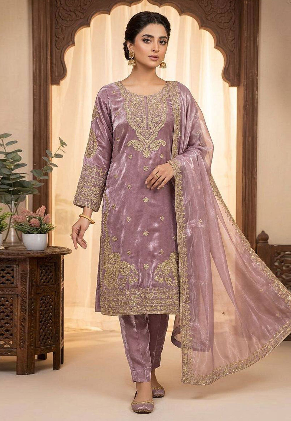 Mauve Silk Readymade Pant Style Suit 329805
