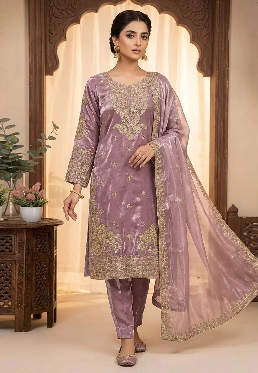 Mauve Silk Readymade Pant Style Suit 329805