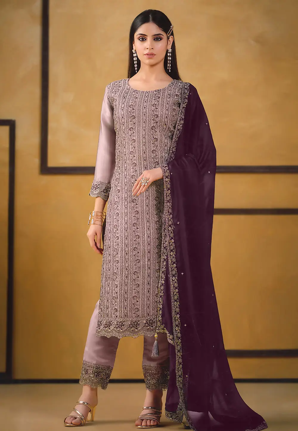 Mauve Silk Straight Suit 336776