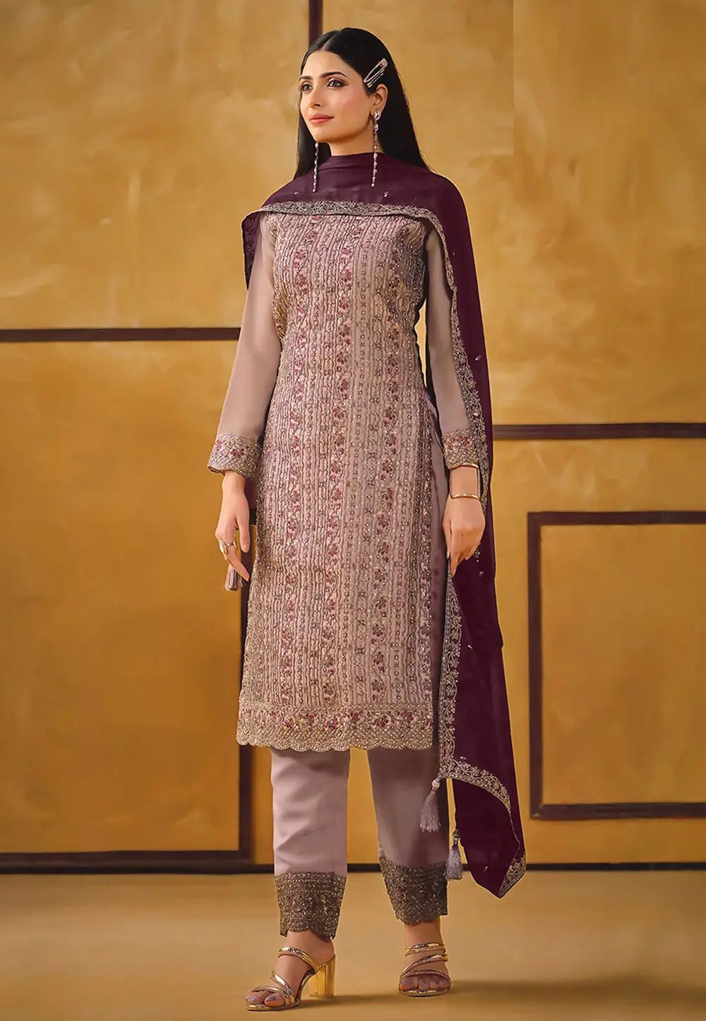 Mauve Silk Straight Suit 336780
