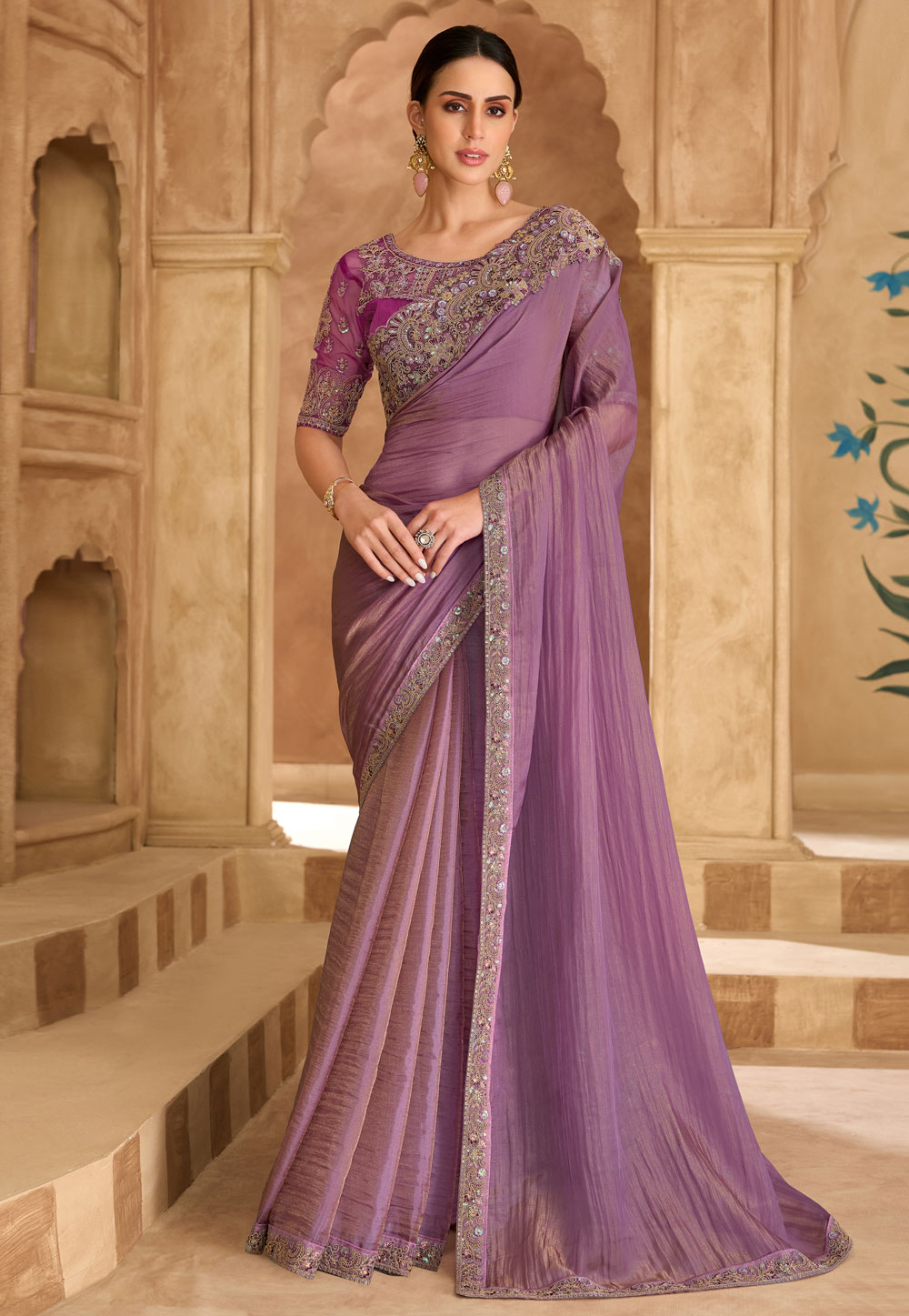 Mauve Tissue Saree With Blouse 324687