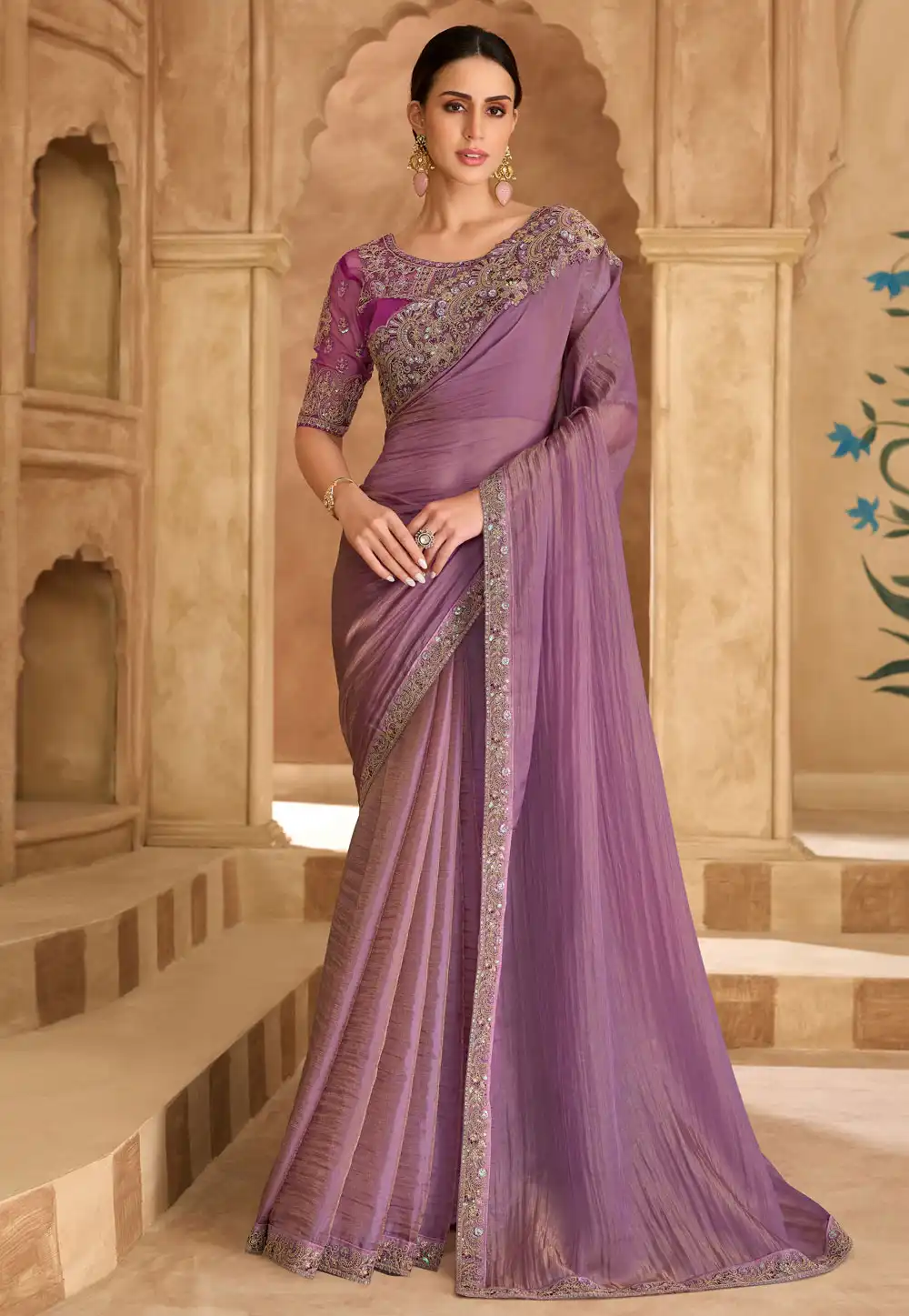Mauve Tissue Saree With Blouse 324687