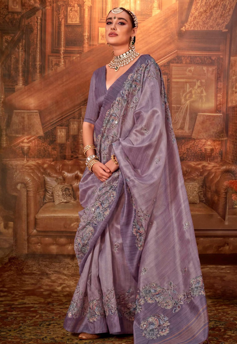 Mauve Tussar Silk Saree With Blouse 322132