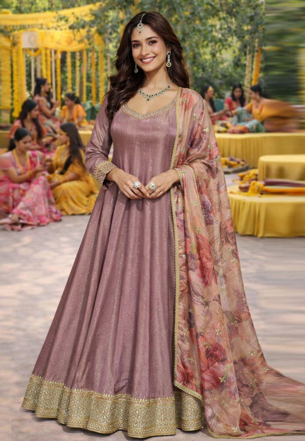 Mauve Viscose Jacquard Long Anarkali Suit 323117