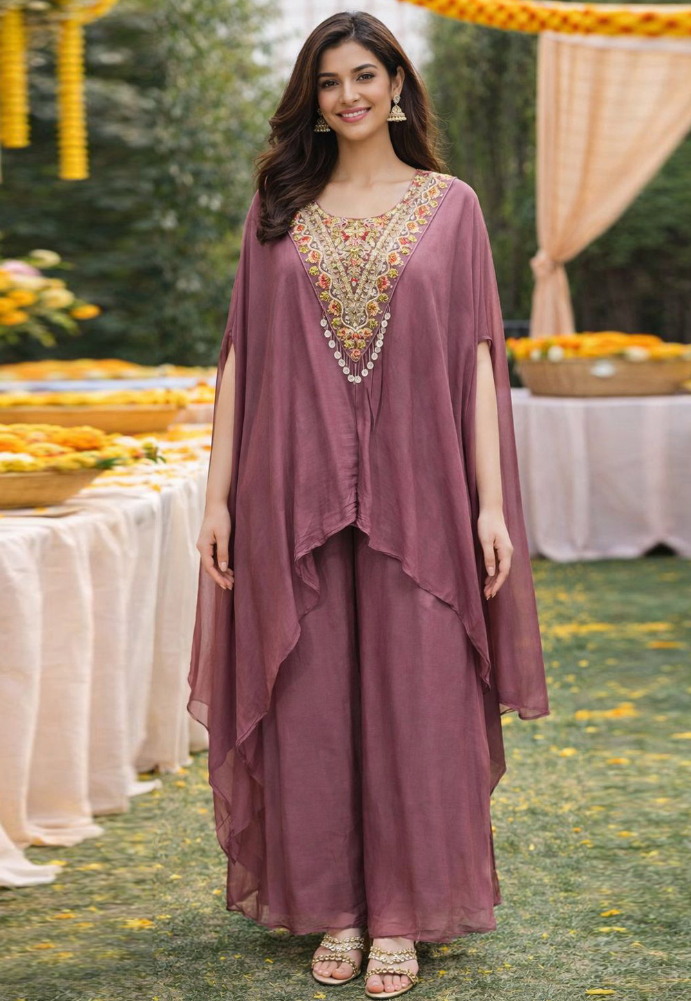Mauve Viscose Kurta Set With Palazzo 322436