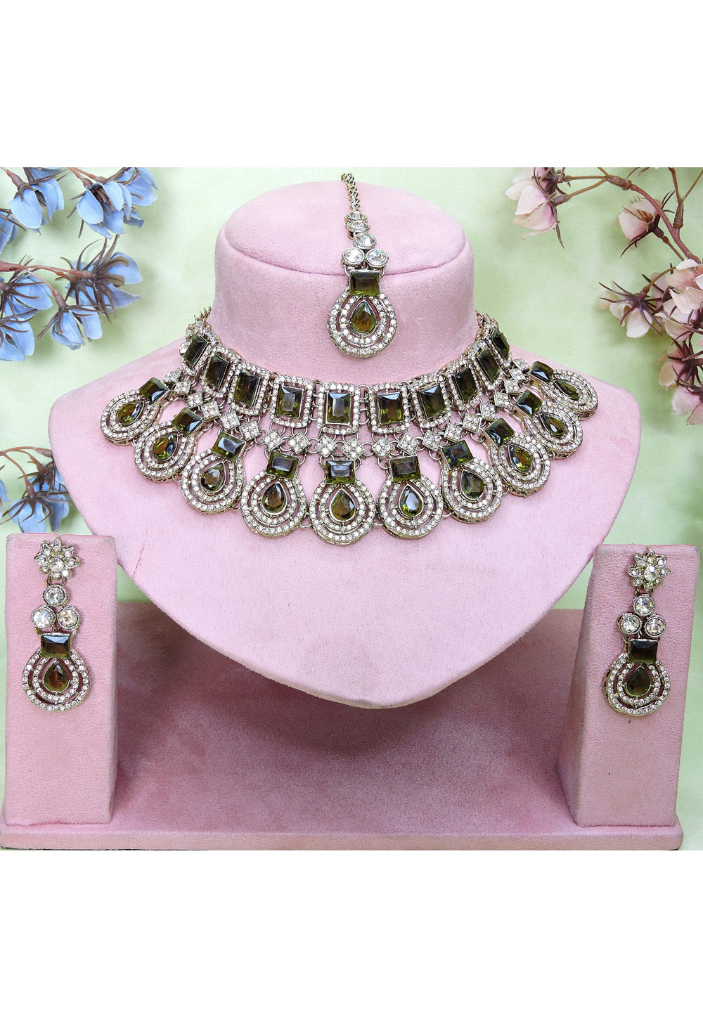 Mehndi Alloy Necklace Set With Earrings and Maang Tikka 329441