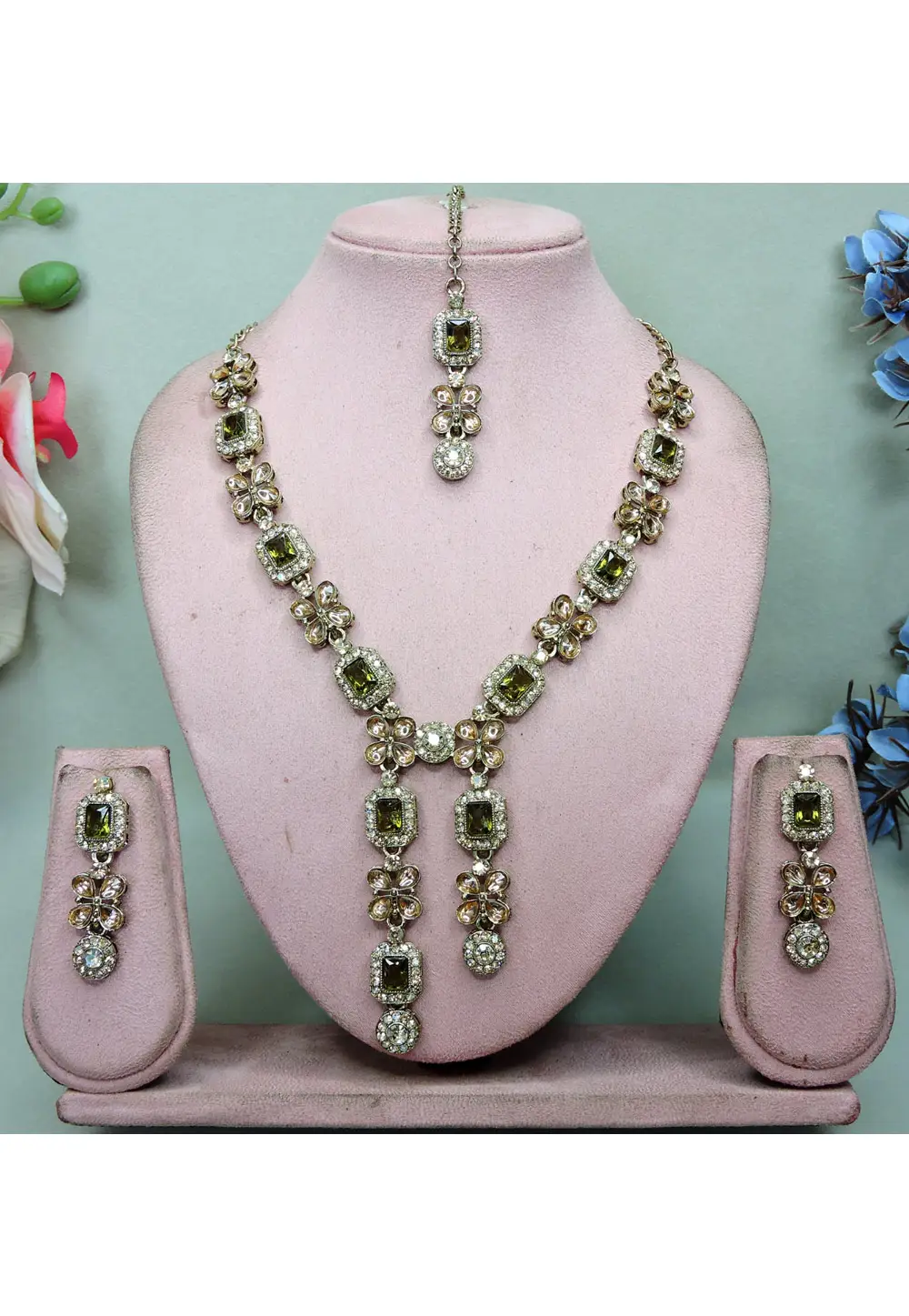 Mehndi Alloy Necklace Set With Earrings and Maang Tikka 336139