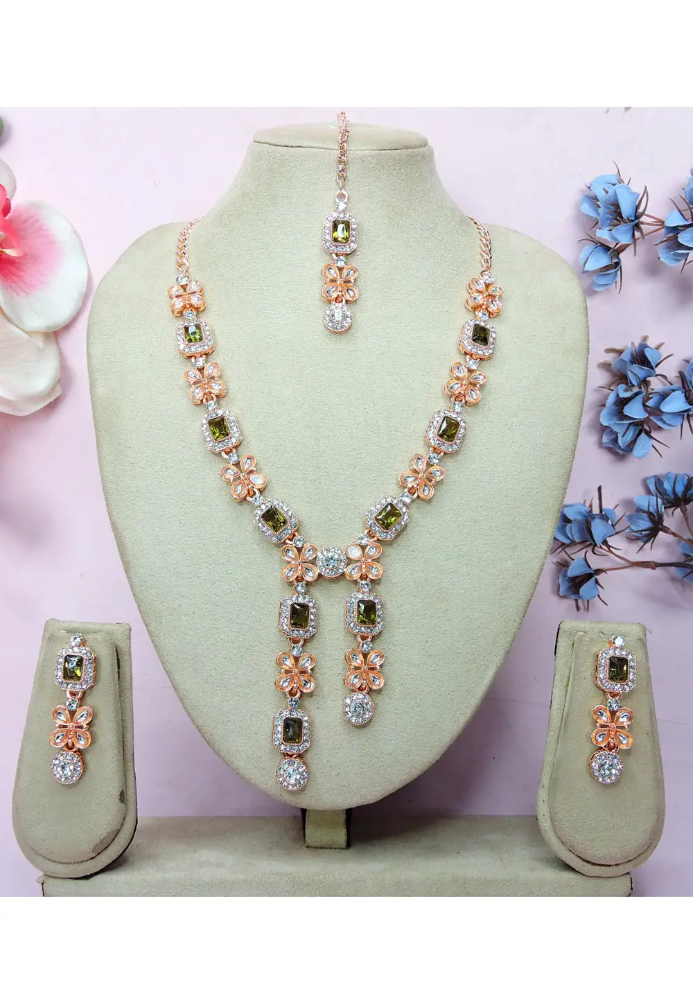 Mehndi Alloy Necklace Set With Earrings and Maang Tikka 336151