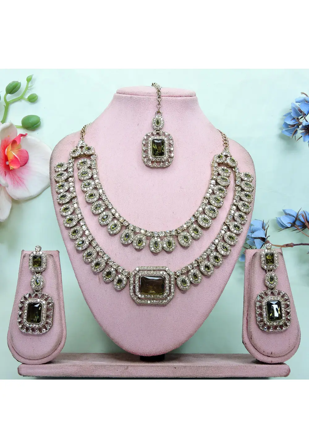 Mehndi Alloy Necklace Set With Earrings and Maang Tikka 336843