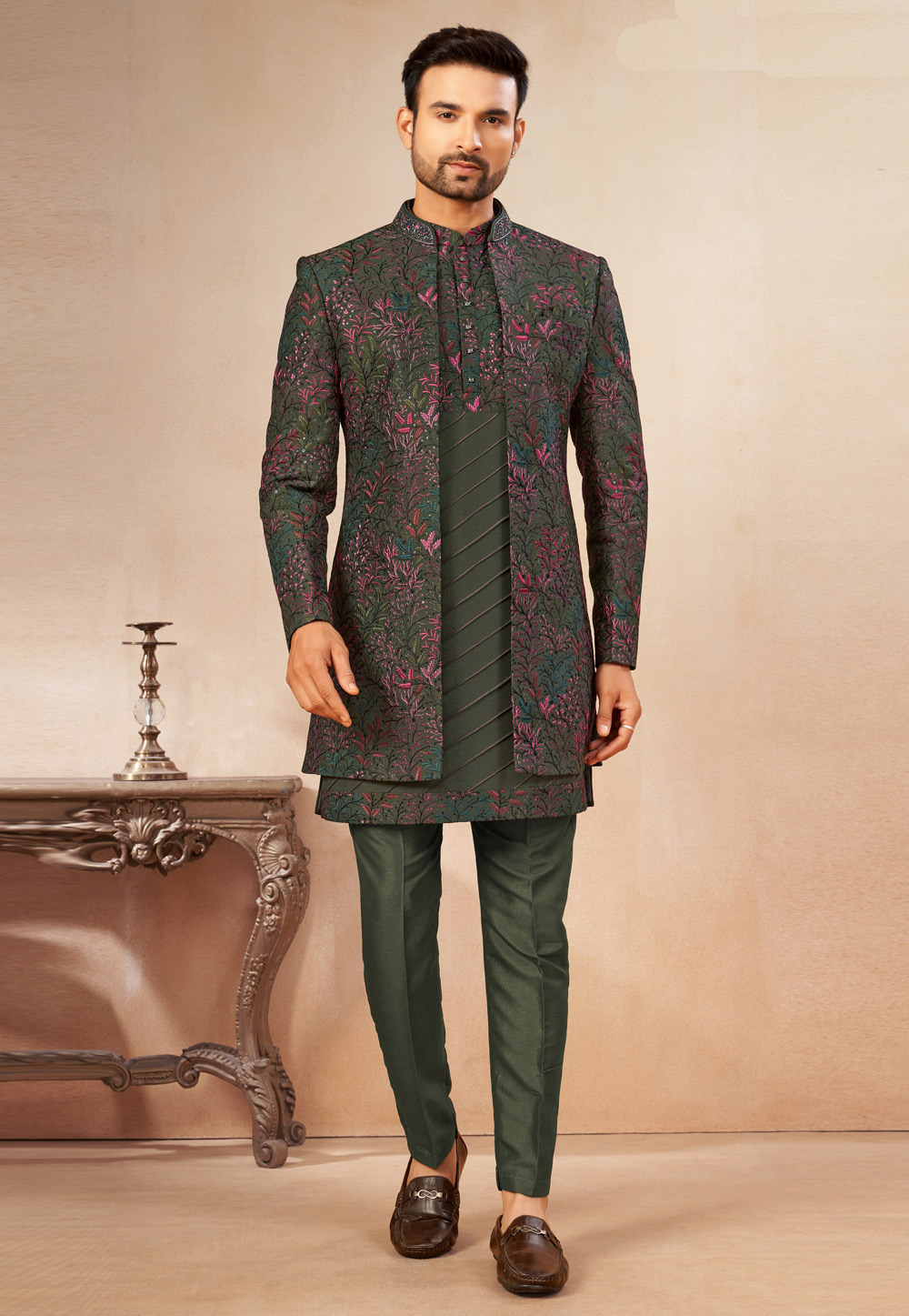 Mehndi Art Silk Indo Western Suit 325624