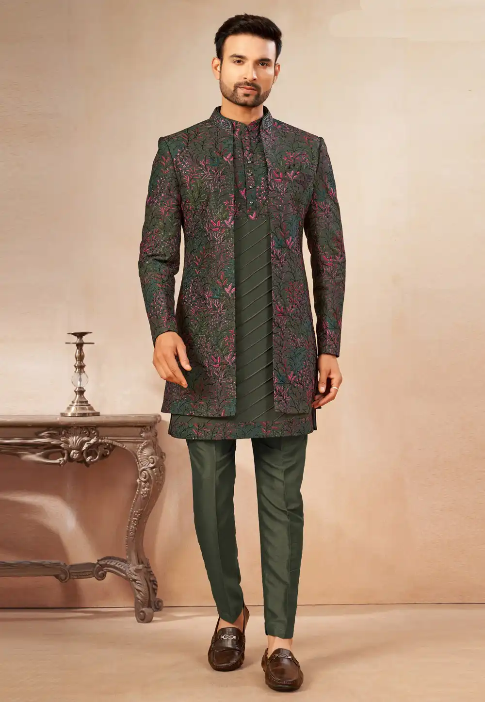 Mehndi Art Silk Indo Western Suit 325624
