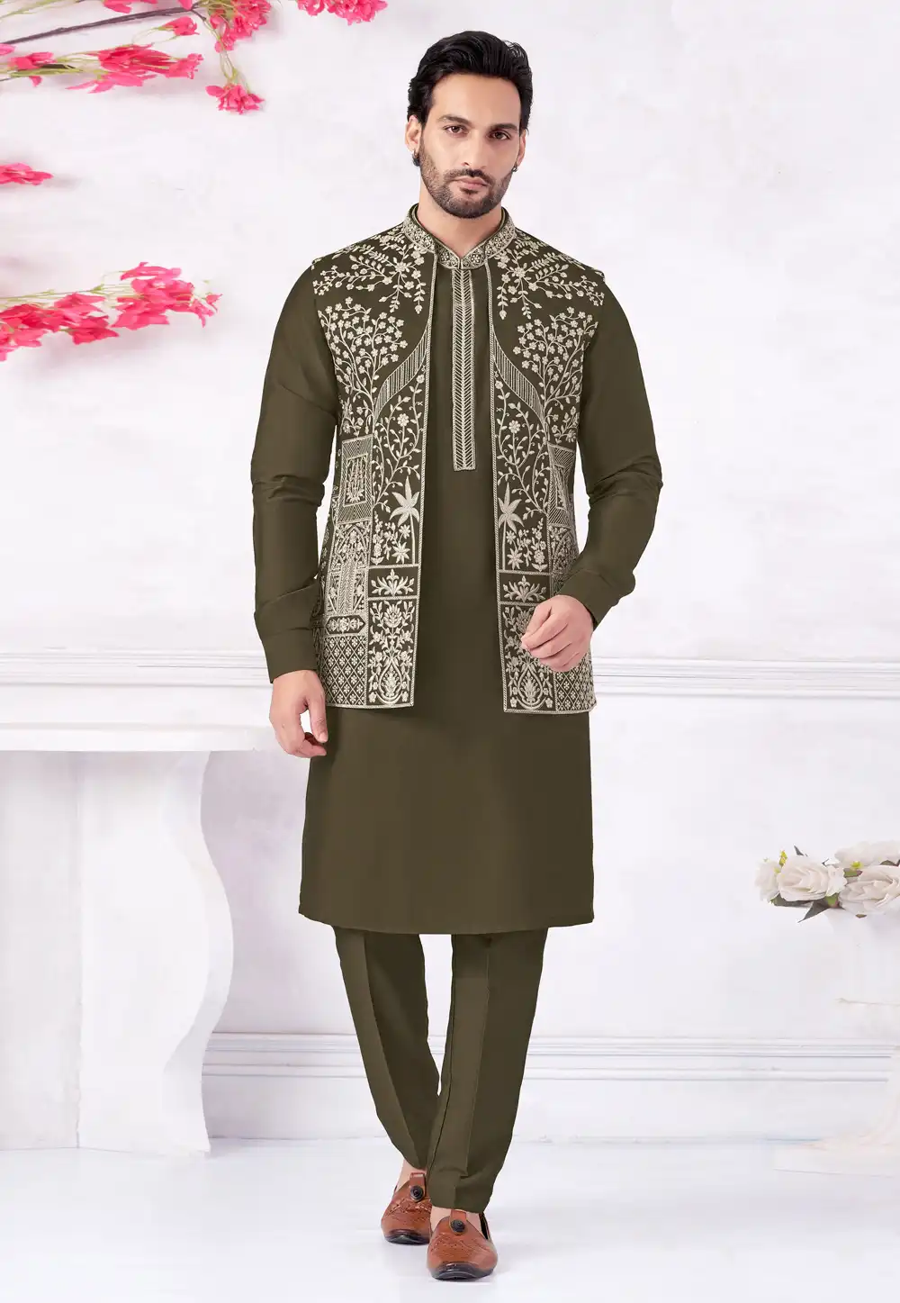 Mehndi Art Silk Kurta Pajama With Jacket 322311