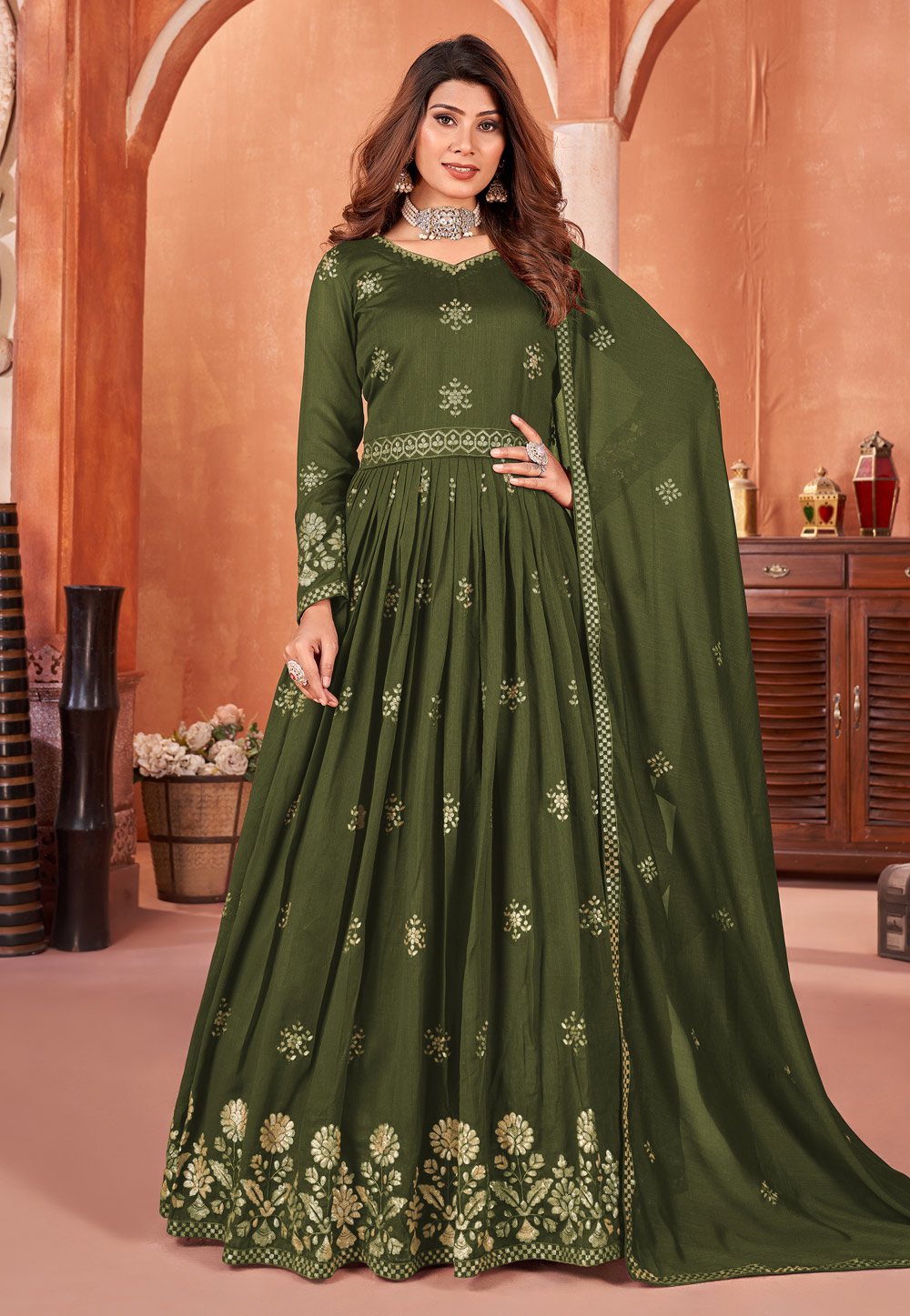 Mehndi Art Silk Long Anarkali Suit 284436
