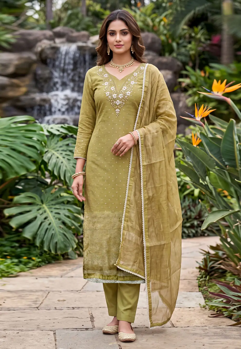 Mehndi Banarasi Cotton Pant Style Suit 335542