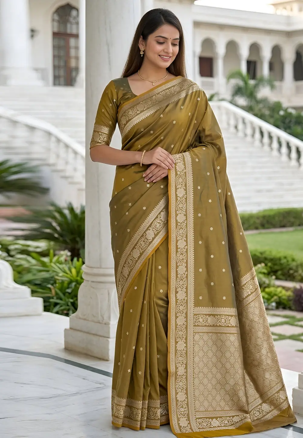 Mehndi Banarasi Silk Saree 333279