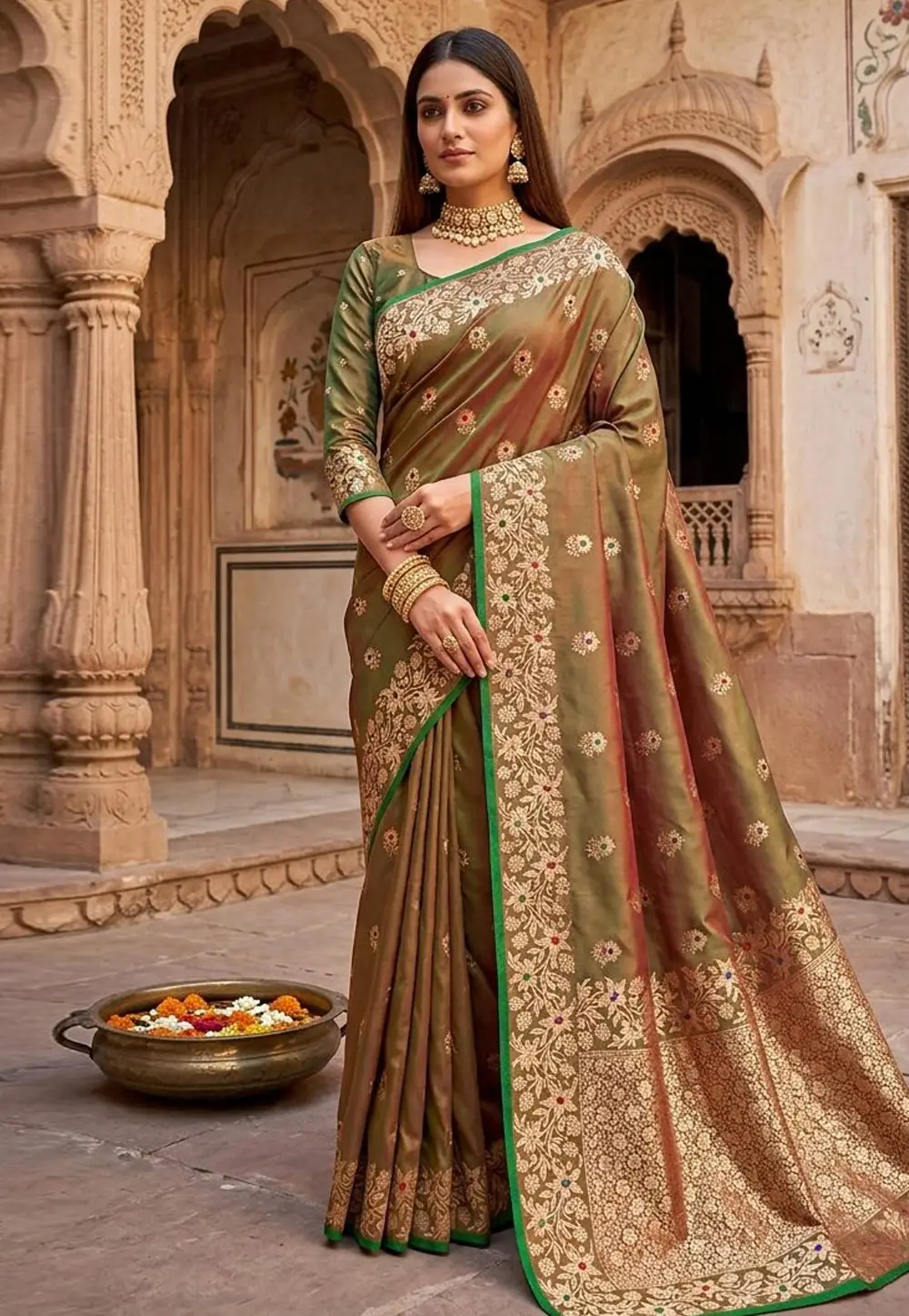 Mehndi Banarasi Silk Saree 334374
