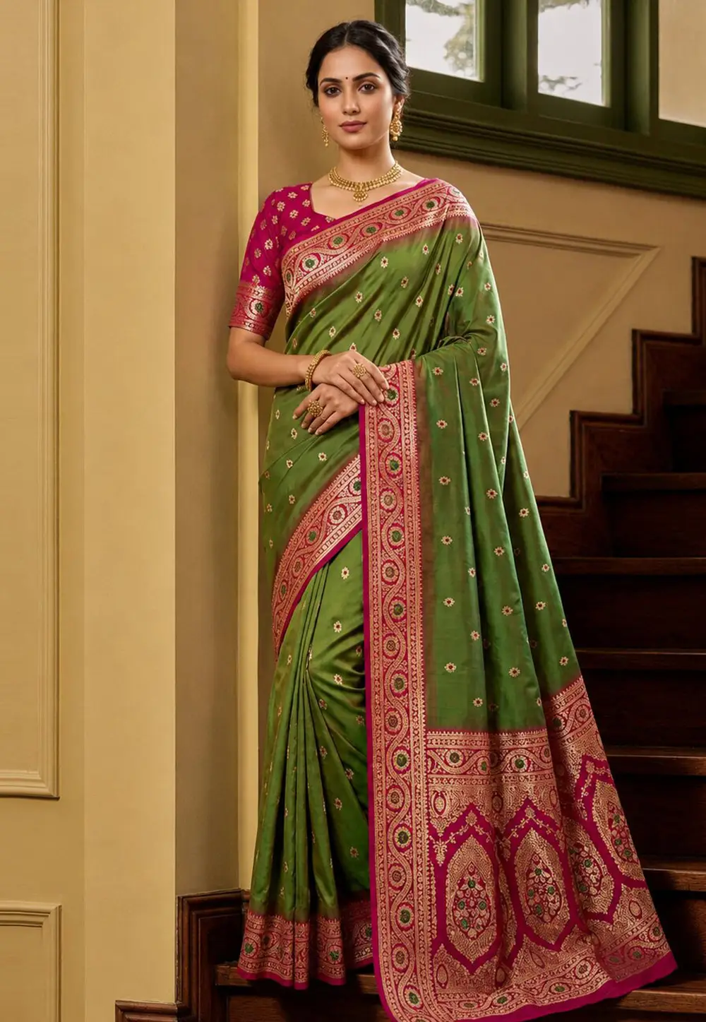 Mehndi Banarasi Silk Saree With Blouse 333275