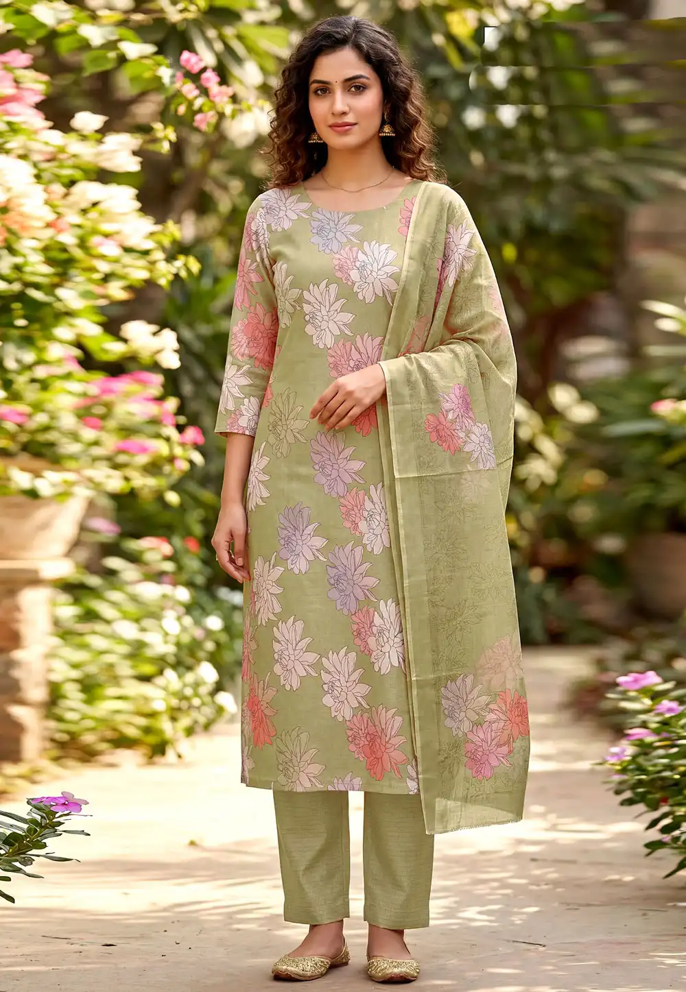 Mehndi Cambric Cotton Pant Style Suit 328318