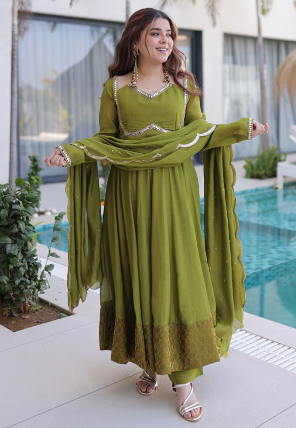 Mehndi Chanderi Readymade Anarkali Suit 324733