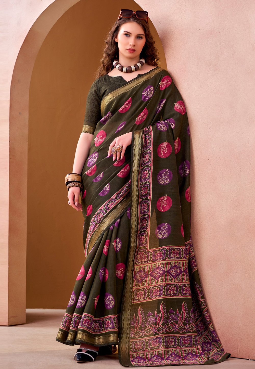Mehndi Chanderi Saree With Blouse 329492