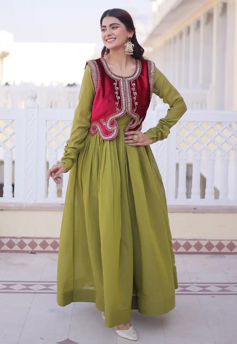 Mehndi Chanderi Silk Gown With Koti 323523