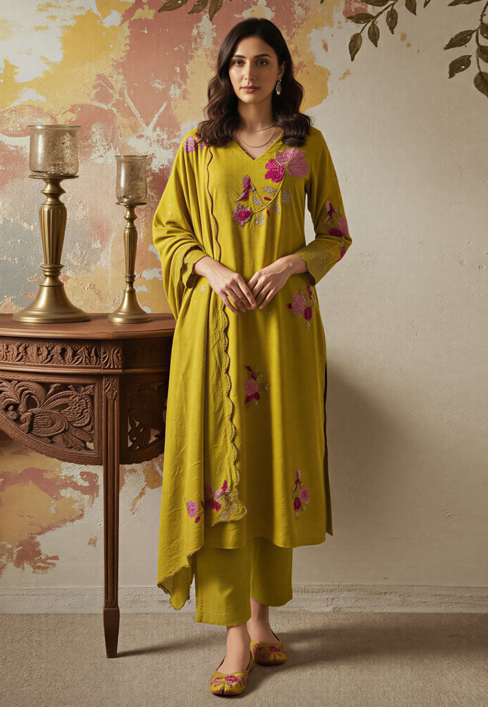 Mehndi Chanderi Silk Readymade Pakistani Suit 323260