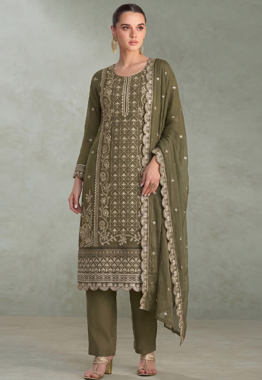 Mehndi Chiffon Embroidered Pakistani Suit 329780