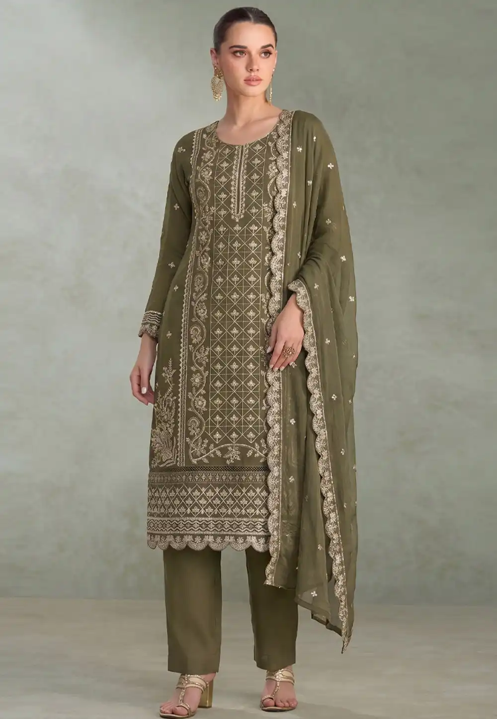 Mehndi Chiffon Embroidered Pakistani Suit 329780