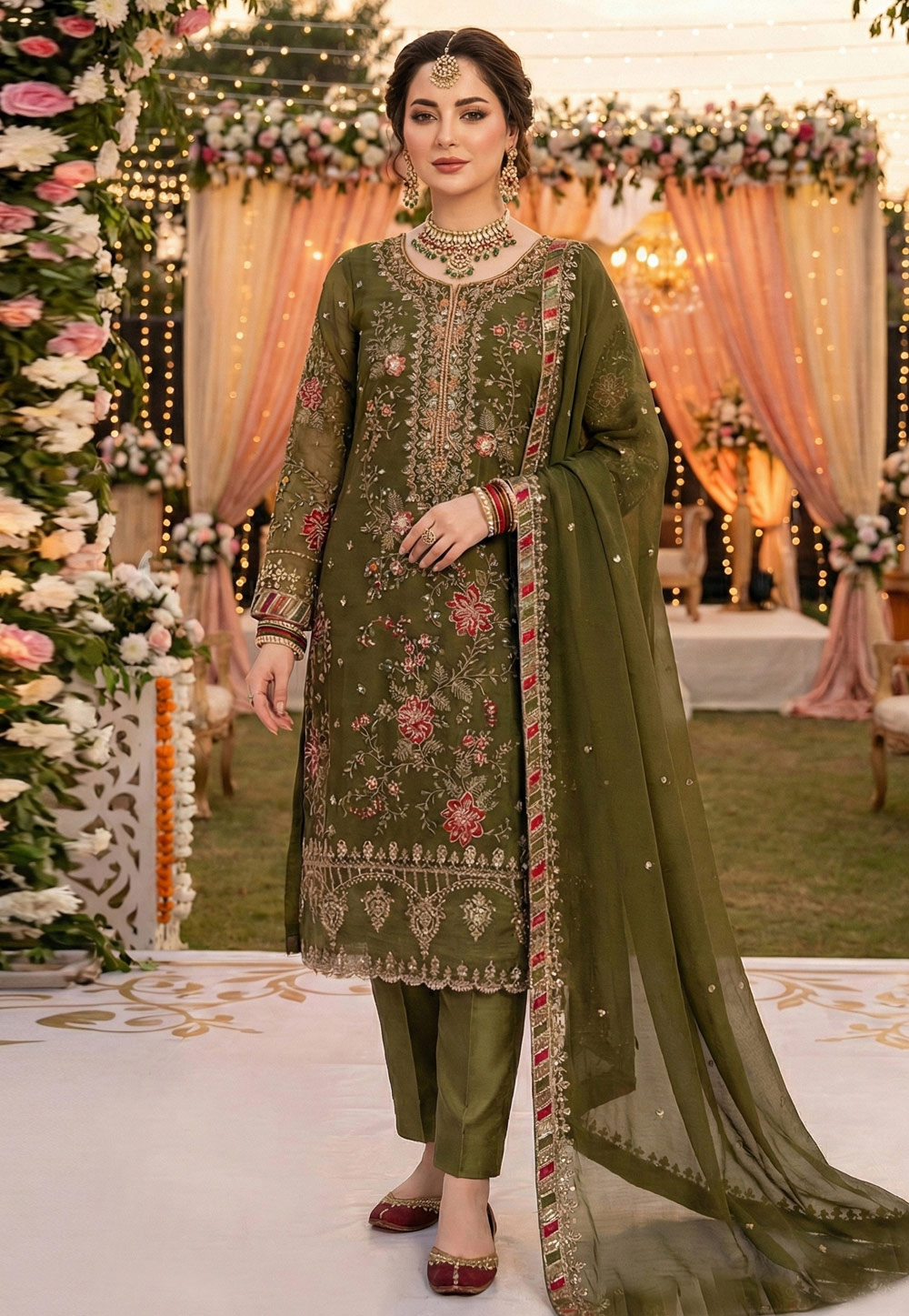 Mehndi Chiffon Embroidered Straight Suit 326134