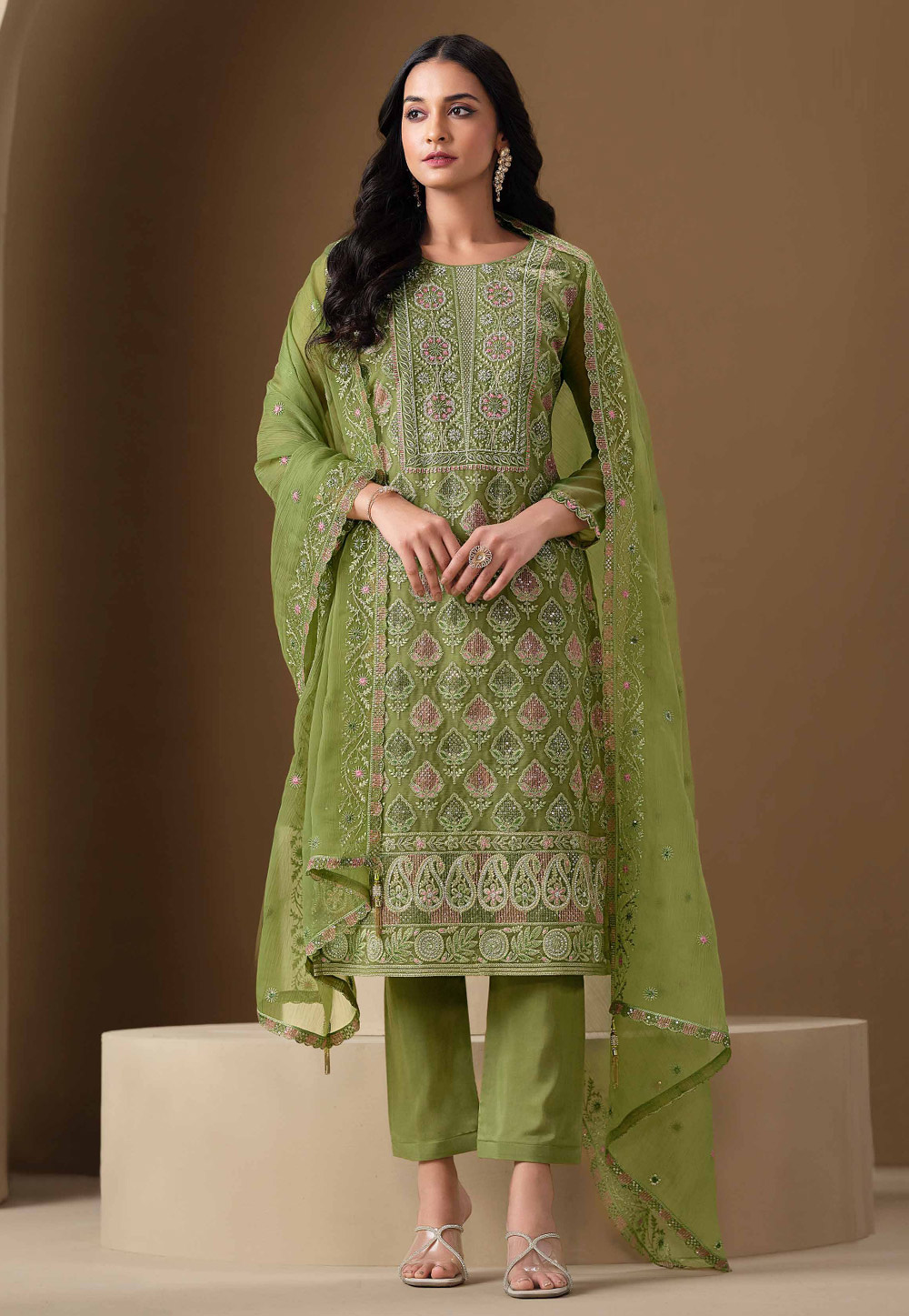 Mehndi Chiffon Embroidered Straight Suit 308929