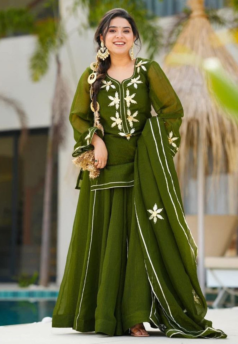 Mehndi Chiffon Readymade Palazzo Suit 328128