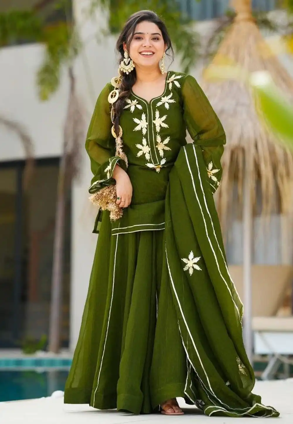 Mehndi Chiffon Readymade Palazzo Suit 328128