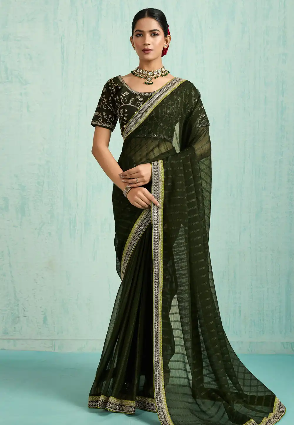 Mehndi Chiffon Saree With Blouse 318200
