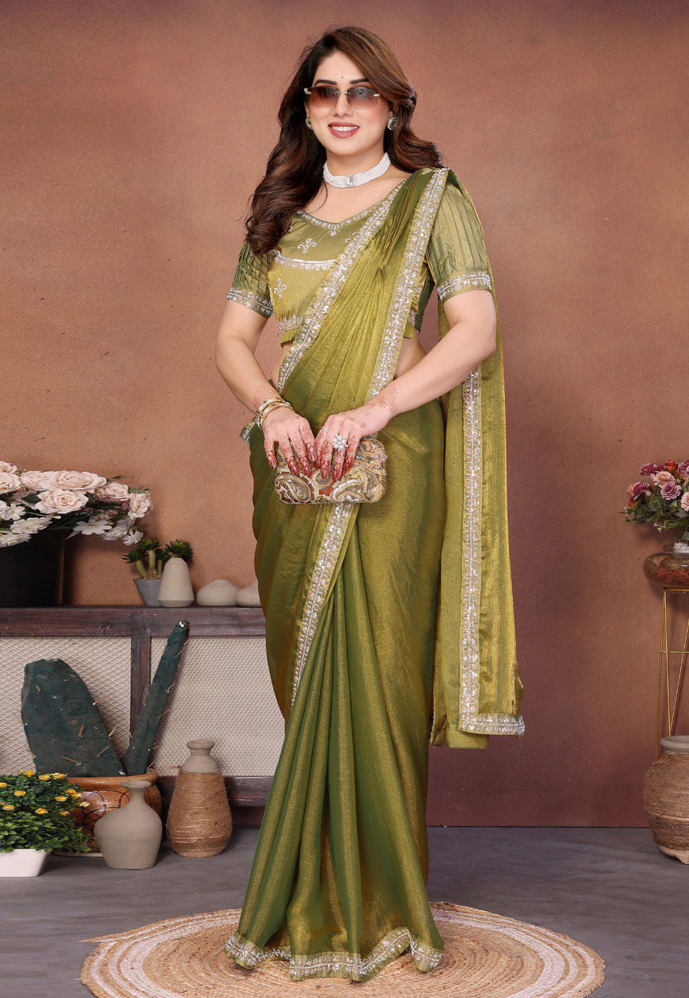 Mehndi Chiffon Saree With Blouse 322456