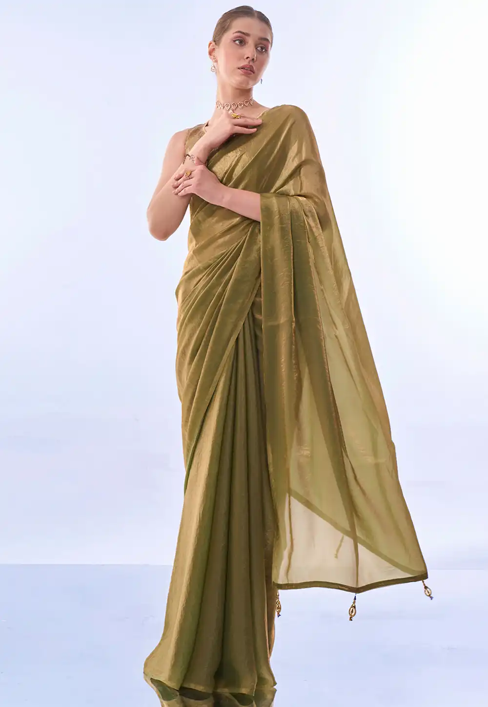 Mehndi Chiffon Saree With Blouse 288100